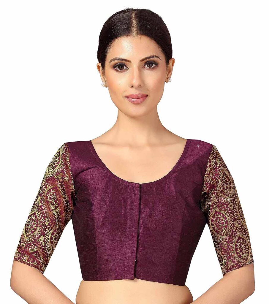 Elbow Length Sleeves Silky Saree Blouse with Brocade Sleeves
